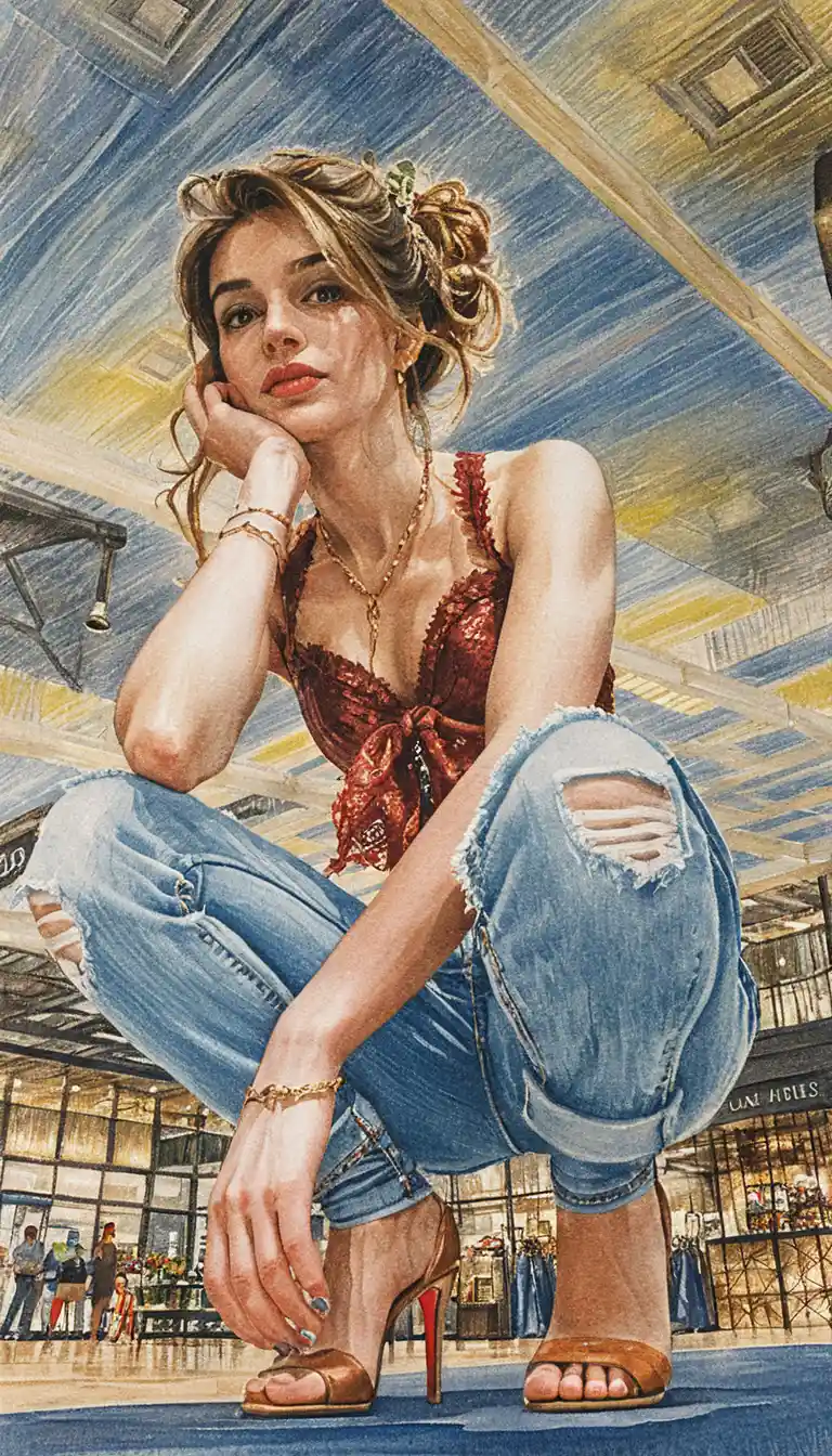Young woman crouching in a mall seen from low angle