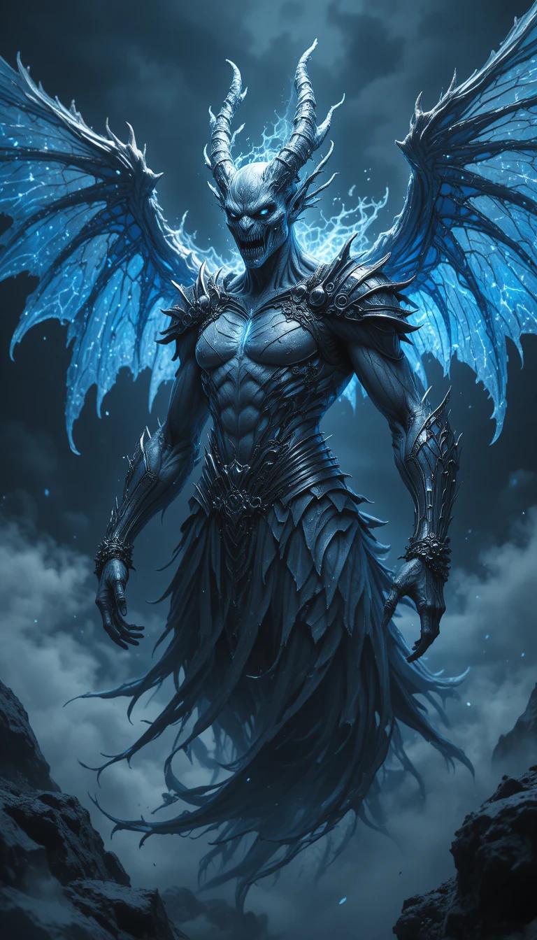 Ominous sumerian wind demon with glowing ethereal wings