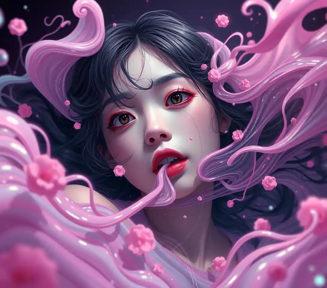 Surreal pop vision of a playful woman in comic horror flow