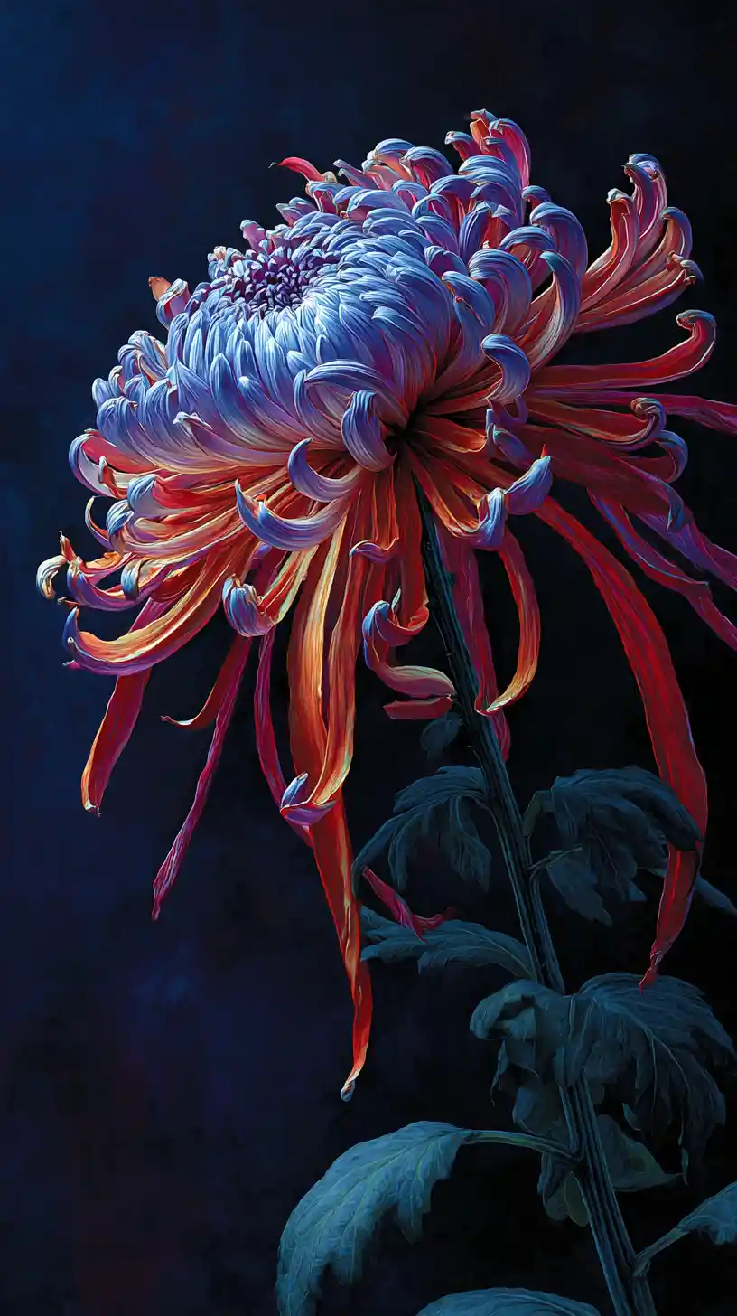 Vibrant chrysanthemum painting with dramatic top lighting