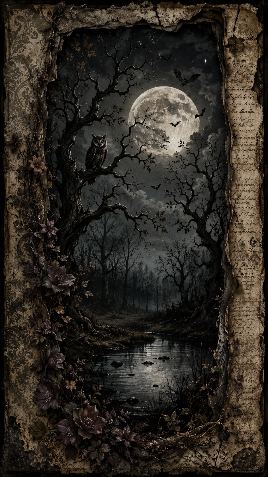 Bosque Tenebroso a la Luz de la Luna con Búhos, Murciélagos y Estanque Oscuro