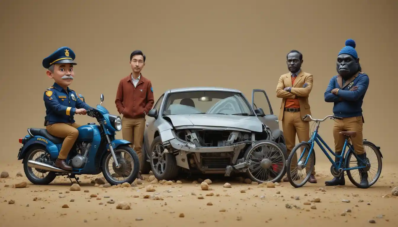 Surreal crash scene with odd characters around a damaged car