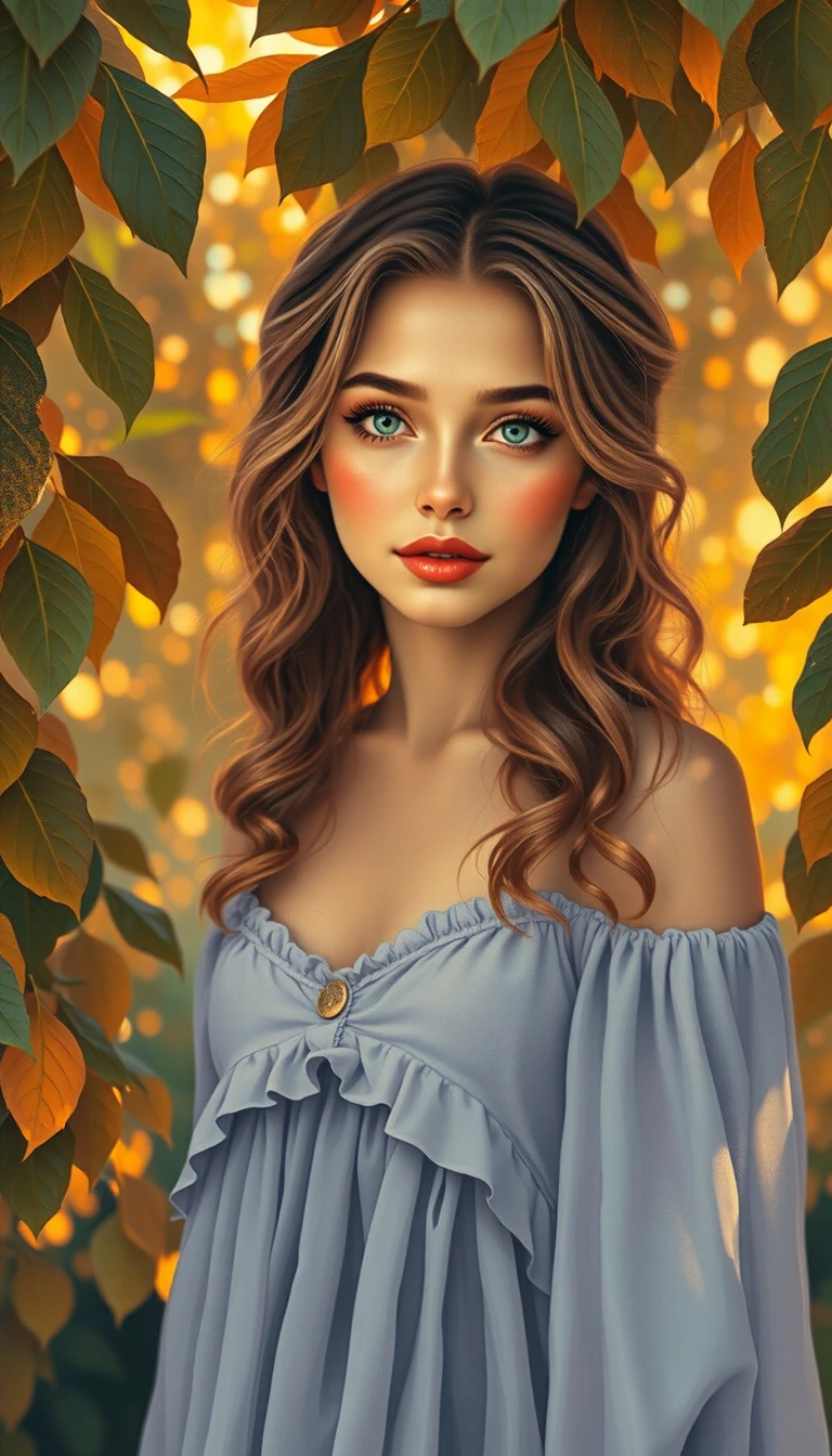 Woman in lilac dress standing in a glowing orchard