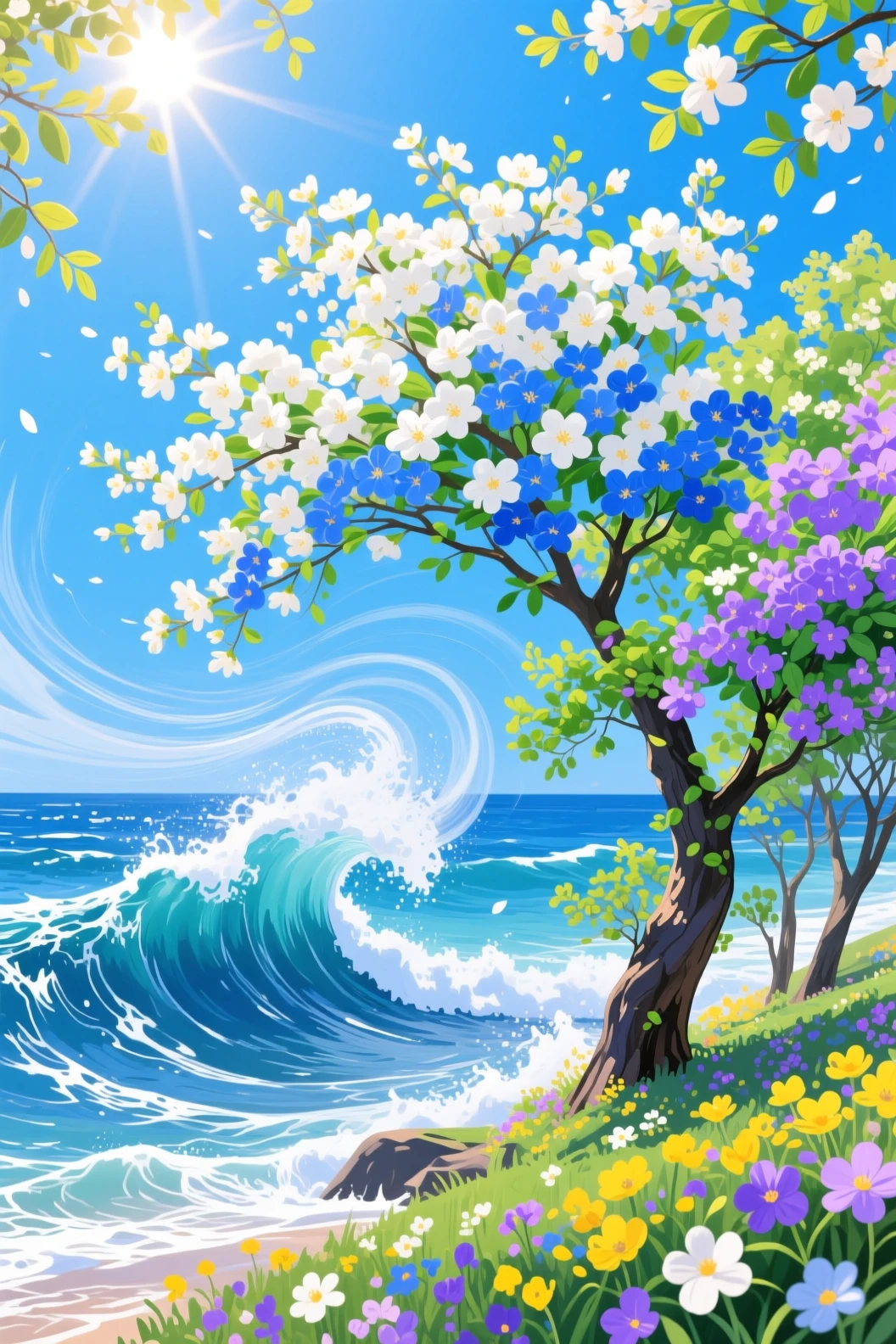 Blooming trees and ocean wave under bright spring sunlight