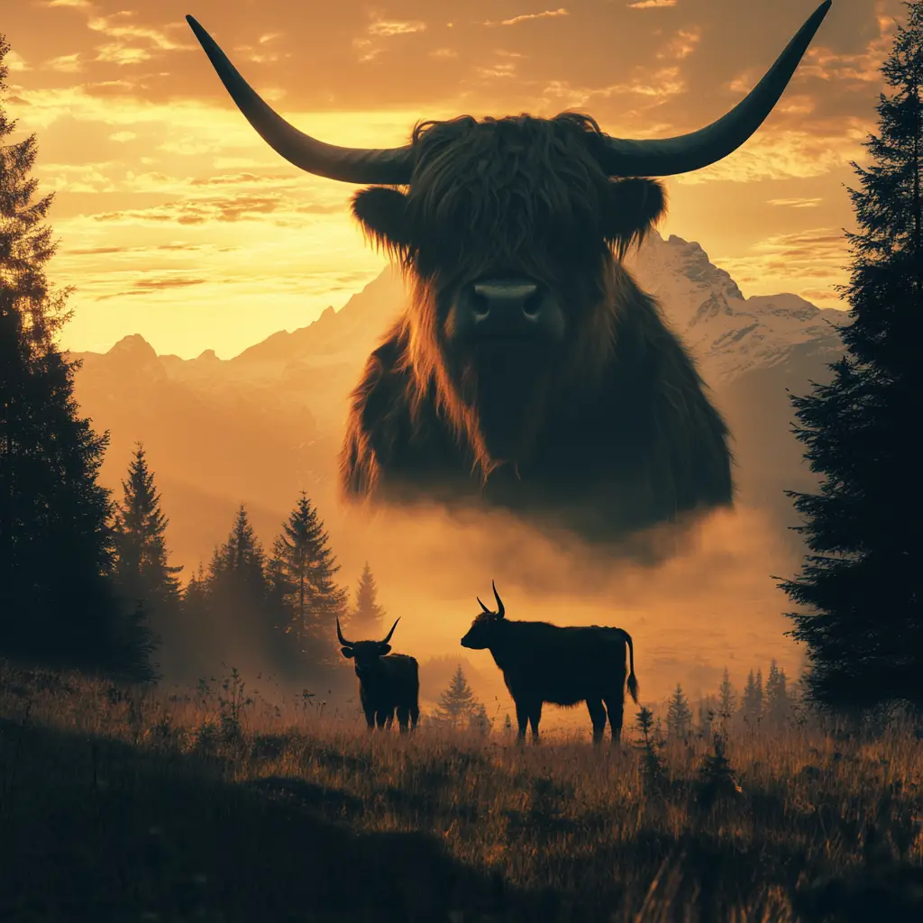 Majestätisches Hochlandrind im goldenen Sonnenuntergang vor Berglandschaft