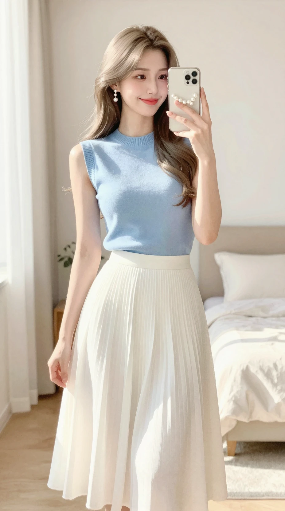 Elegant woman mirror selfie in a pastel bedroom