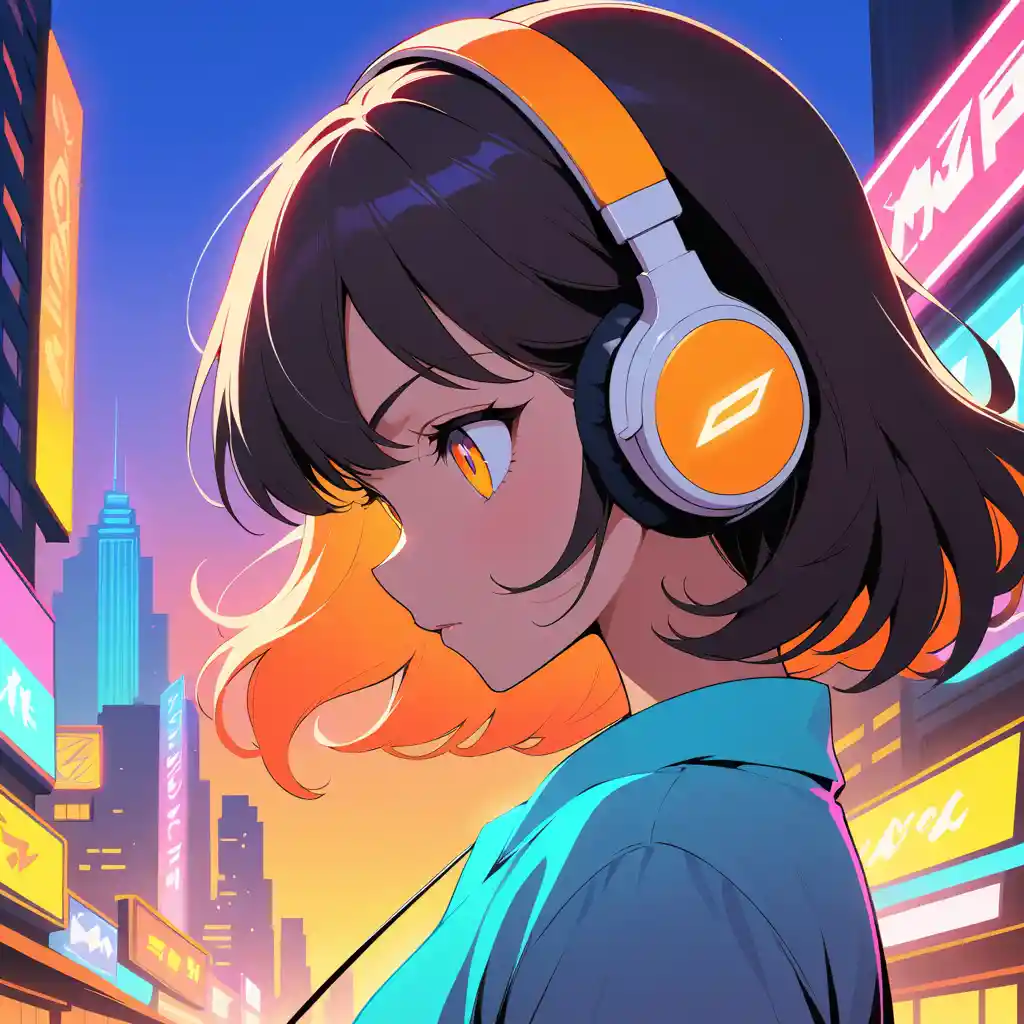 Anime girl with headphones in a neon city at sunset