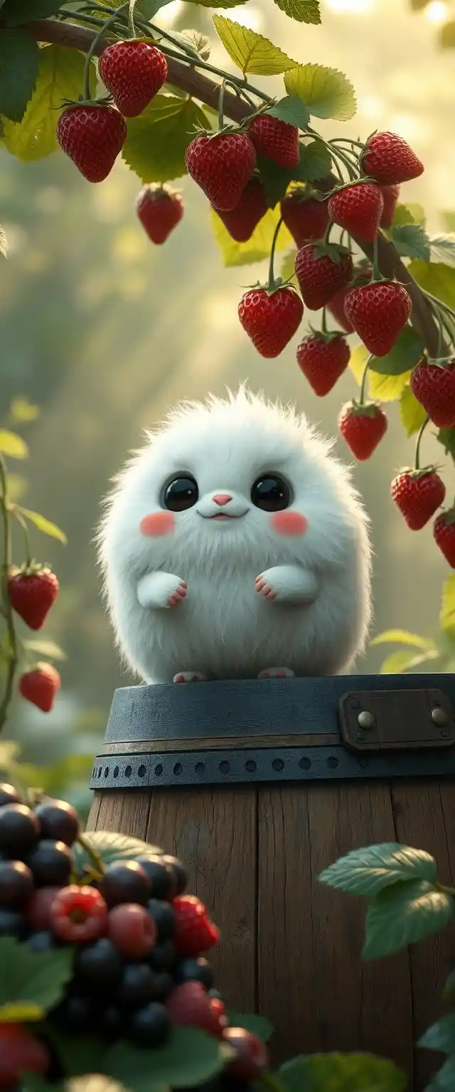 Cute fluffy creature sitting on a barrel in forest garden