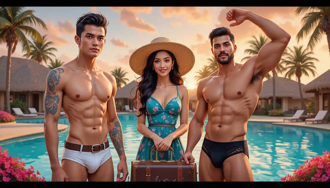 Three stylish friends by a tropical resort pool at sunset