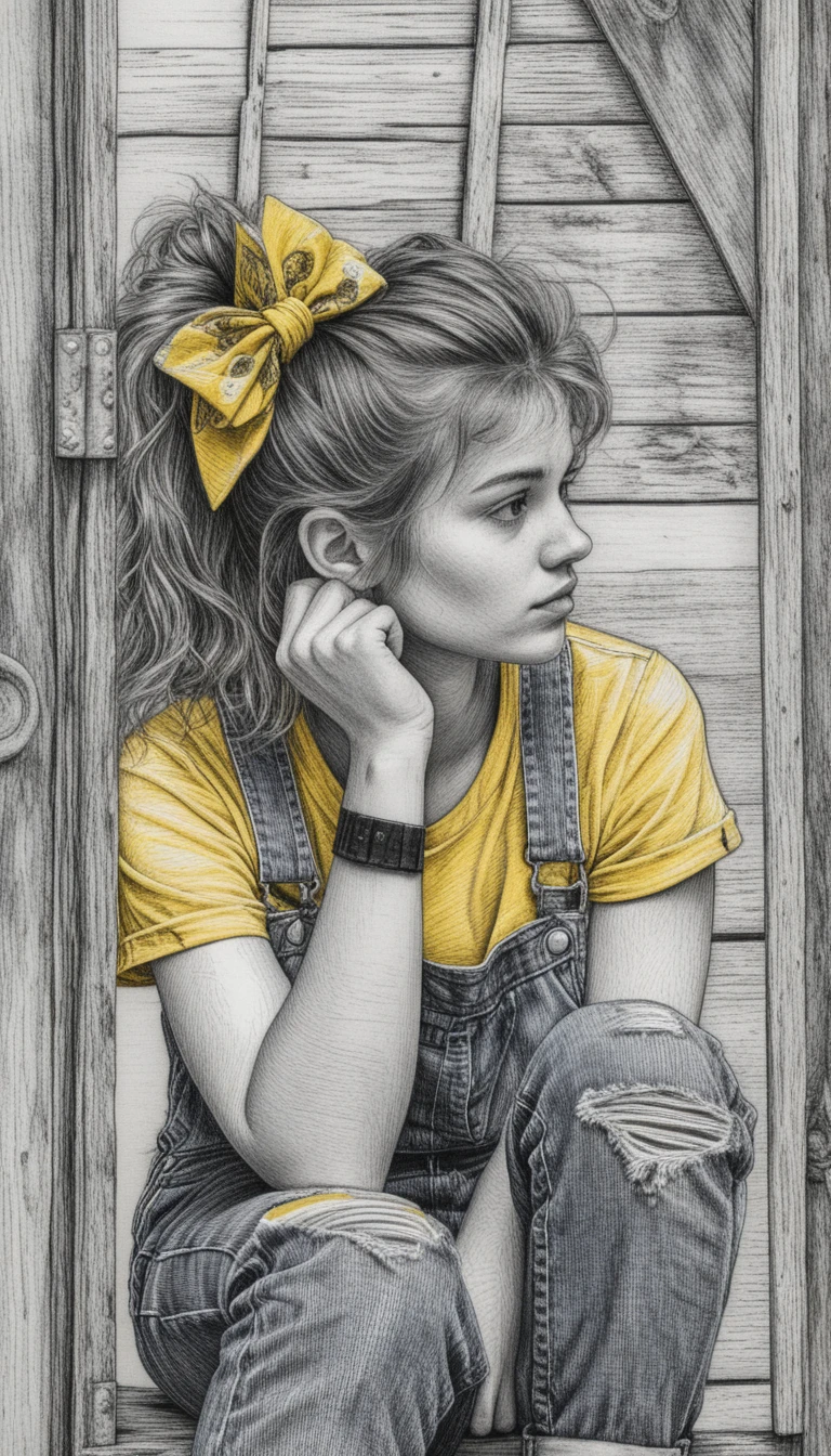 Pensive young woman in overalls in a rustic doorway