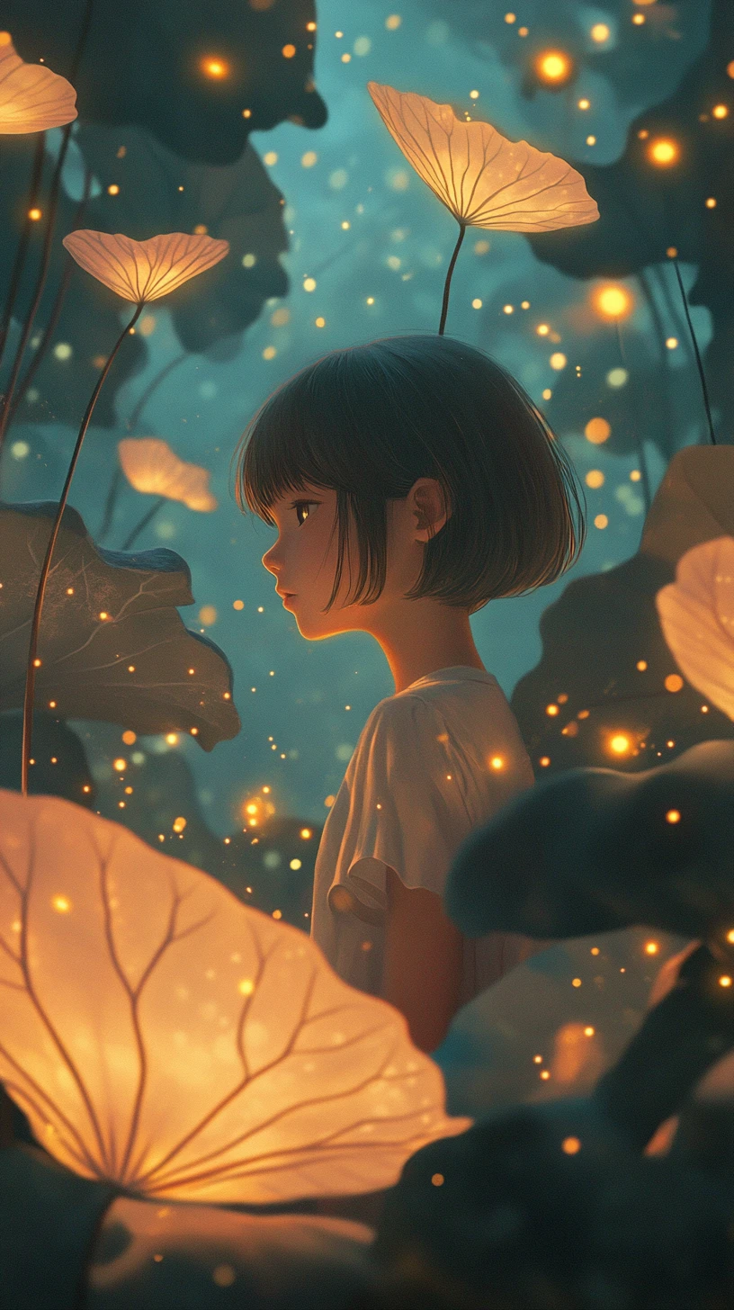 Joven chica de anime en un jardín mágico de luciérnagas