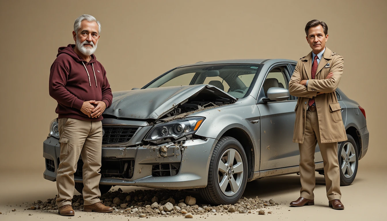Two men standing beside a badly damaged silver sedan