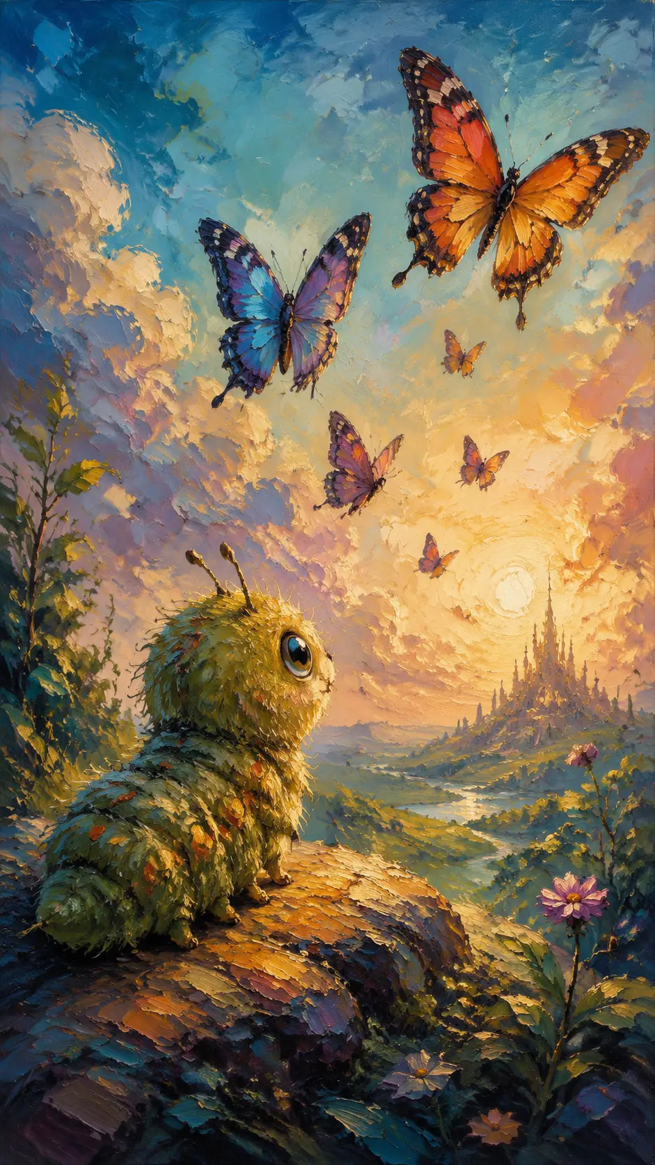 Small caterpillar watching graceful butterflies in a fantasy sky