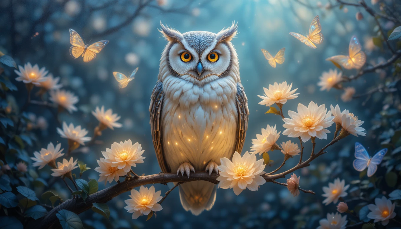 Majestic Owl Among Glowing Flowers And Fluttering Butterflies
