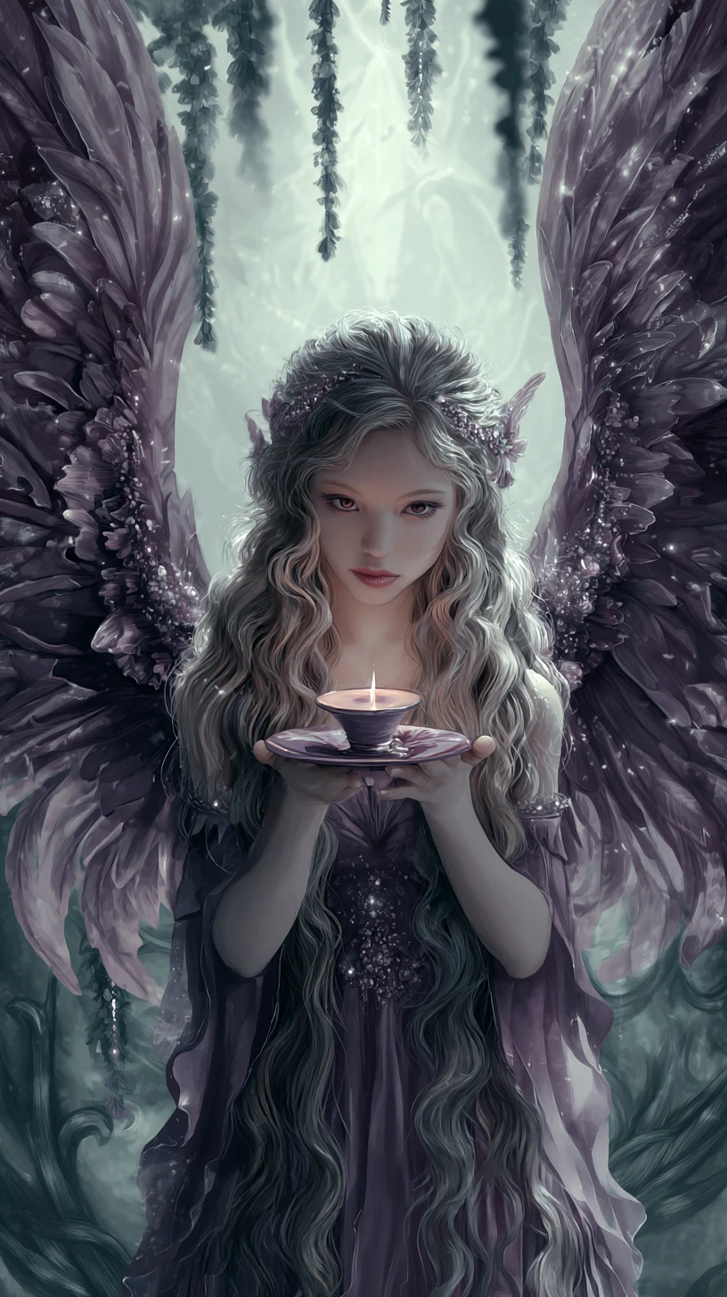 Whimsical fairy with jeweled wings holding a glowing candle