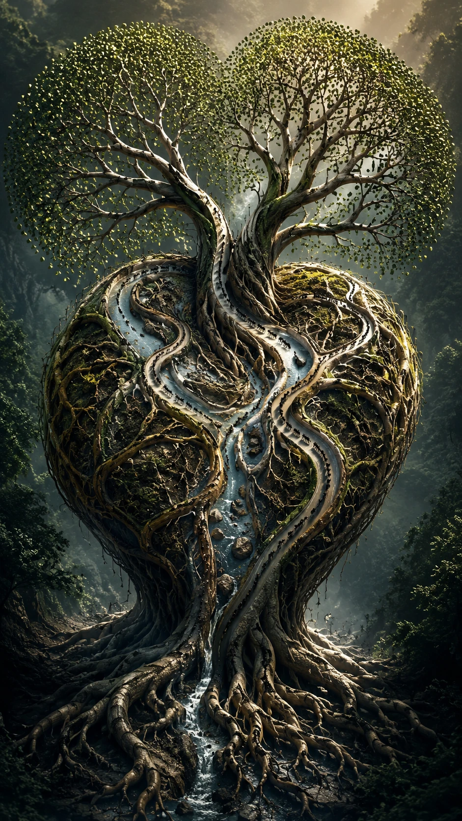 Surreal tree heart emerging from tangled forest roots