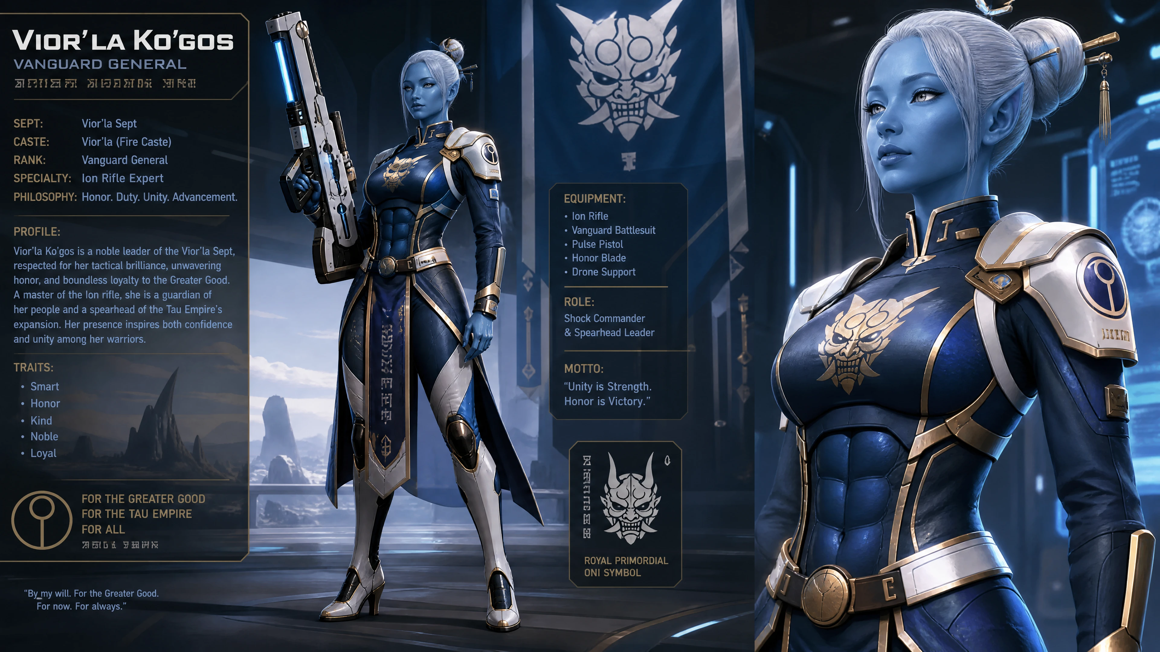 Blue skinned sci fi woman in ornate military uniform