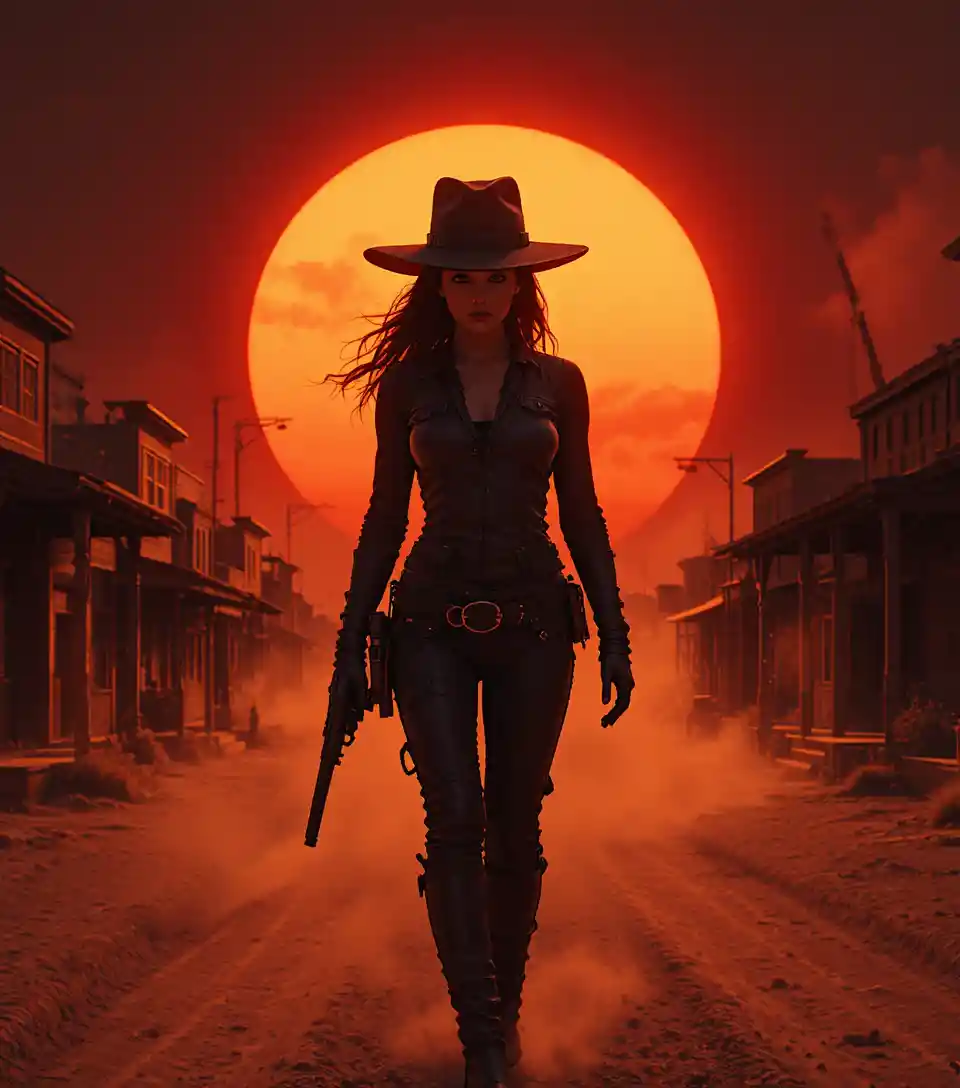 Female gunslinger in a dusty wild west town at sunset