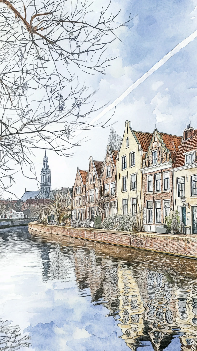 Ville historique néerlandaise au bord de la rivière en douce illustration mixed media
