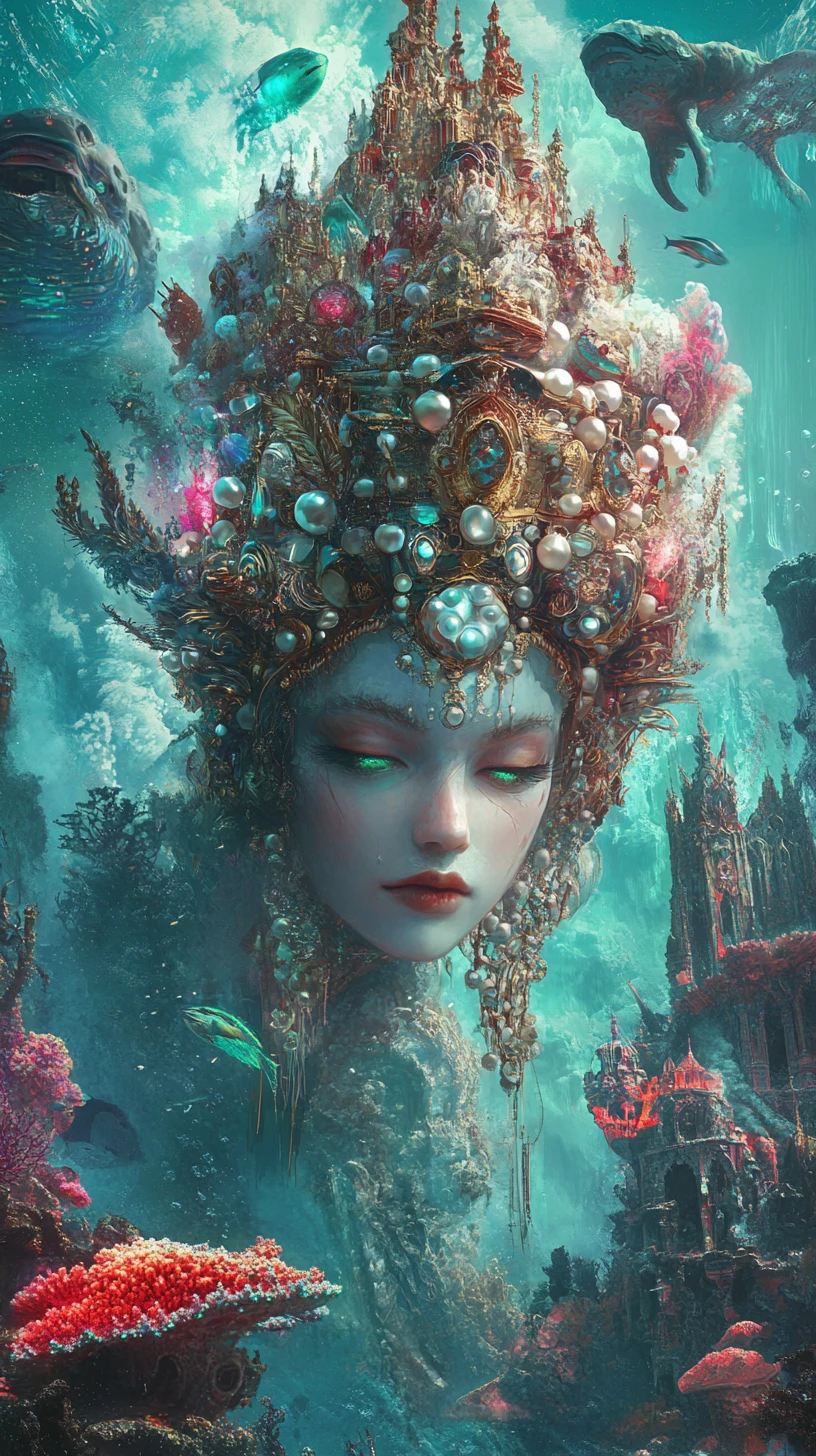 Siren queen ruling an enchanted island of coral and brass