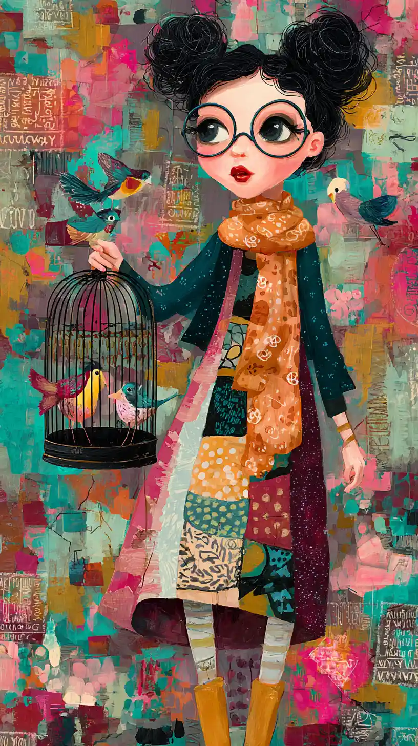 Whimsical woman with birdcage in mixed media collage