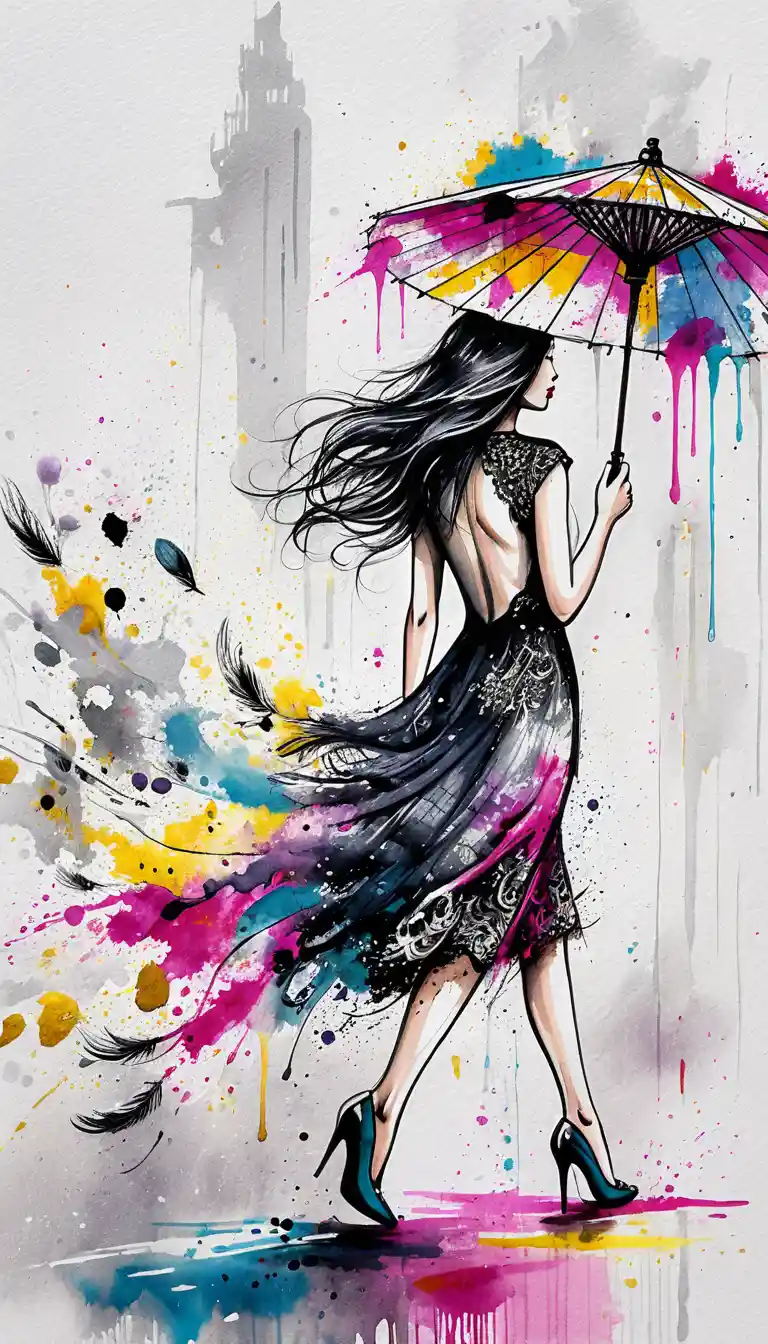 Elegant woman walking with colorful ink and watercolor splashes