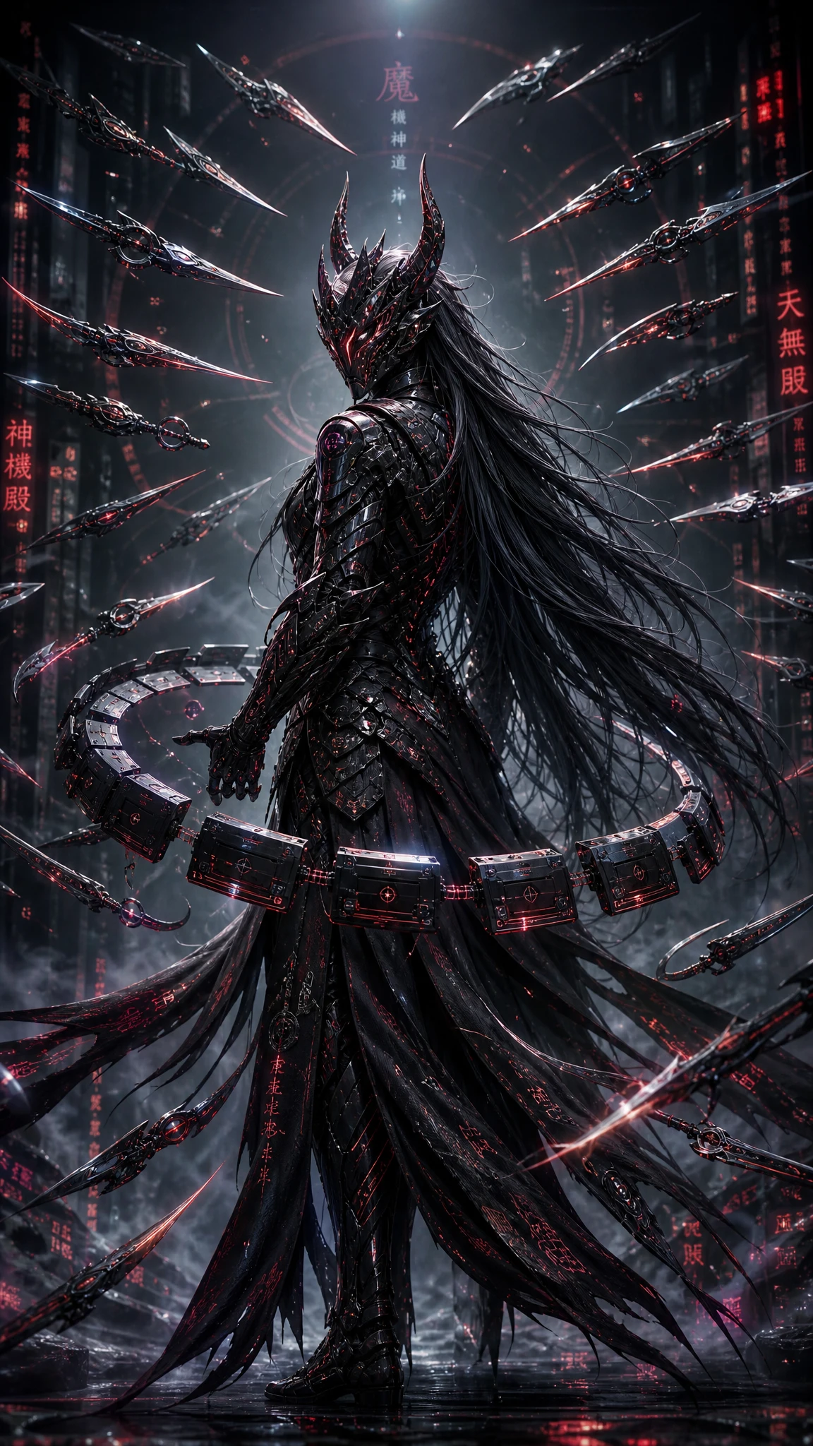 Cybernetic warrior woman with horned helmet and blades