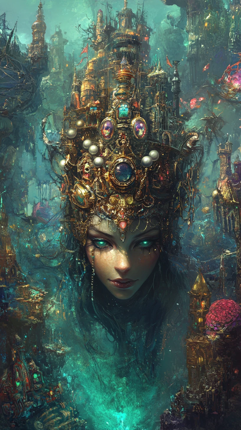 Siren queen on an enchanted island with steampunk crown