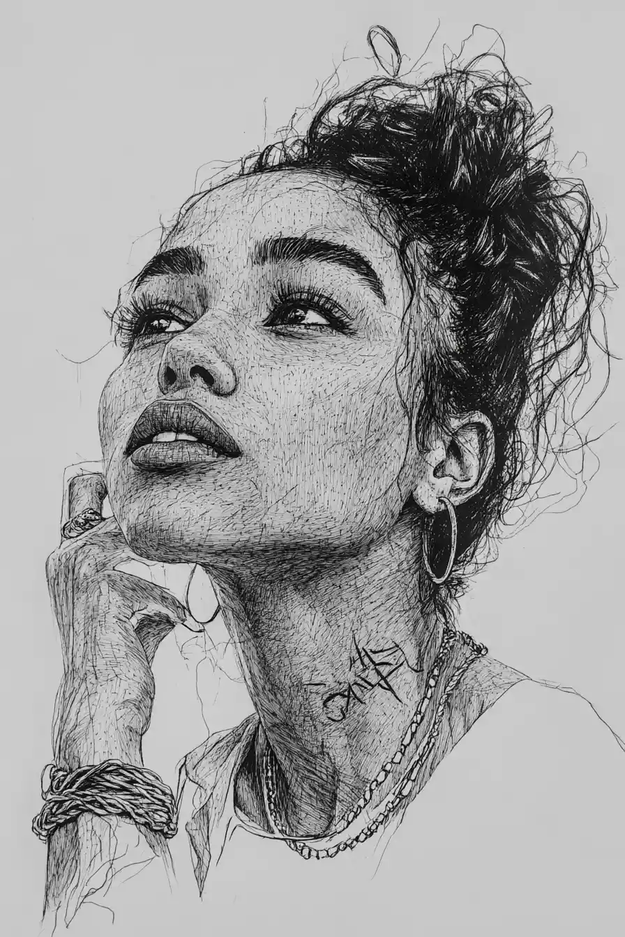 Ink portrait of a thoughtful woman with hand to her lips