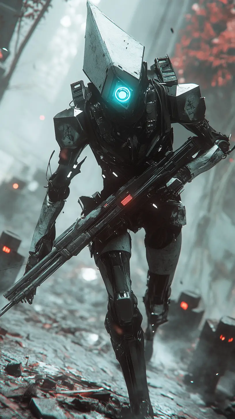 Futuristic battle robot running across a war torn field