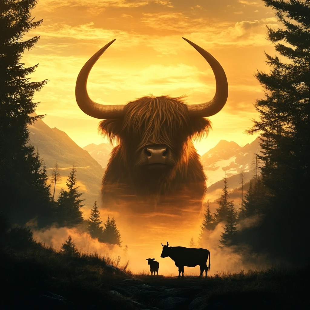 Majestic highland cow at golden sunset over mountain landscape