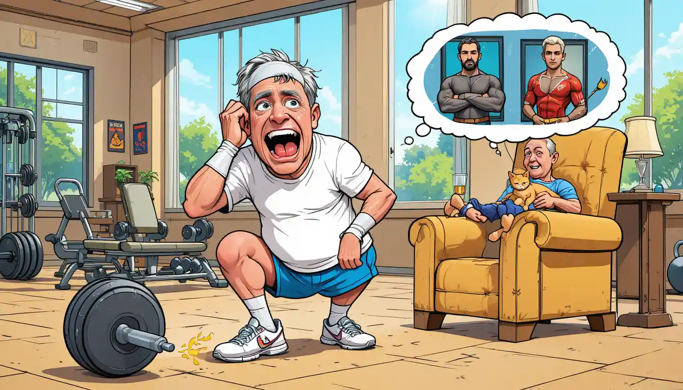 Exhausted elderly man sweating in a bright cartoon gym