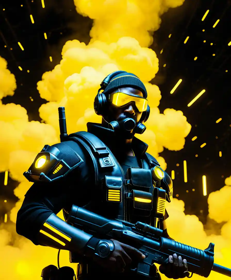 Sci fi grenadier in neon armor amid cosmic yellow storms