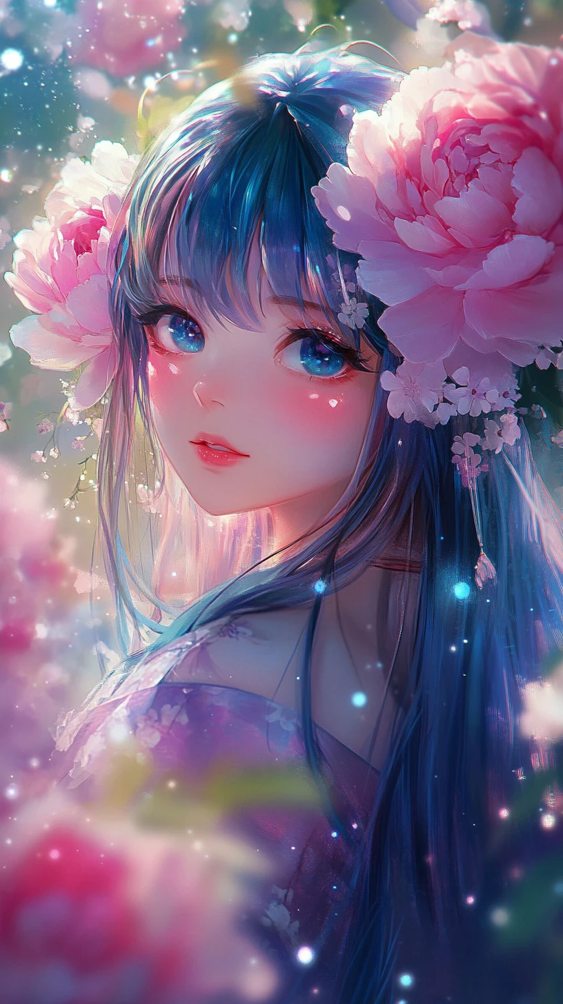 Chica de anime con kimono en un jardín de peonías brillantes