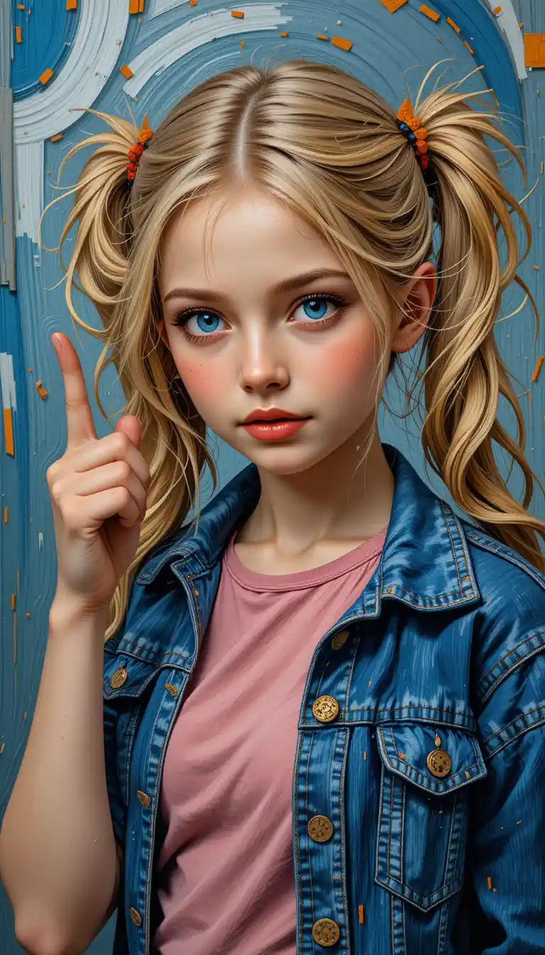 Blonde girl pointing forward in expressive digital portrait