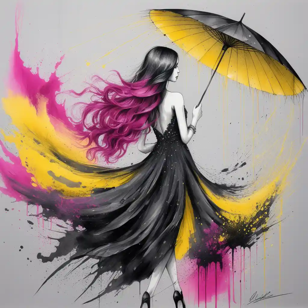 Elegant woman walking with colorful ink and watercolor umbrella