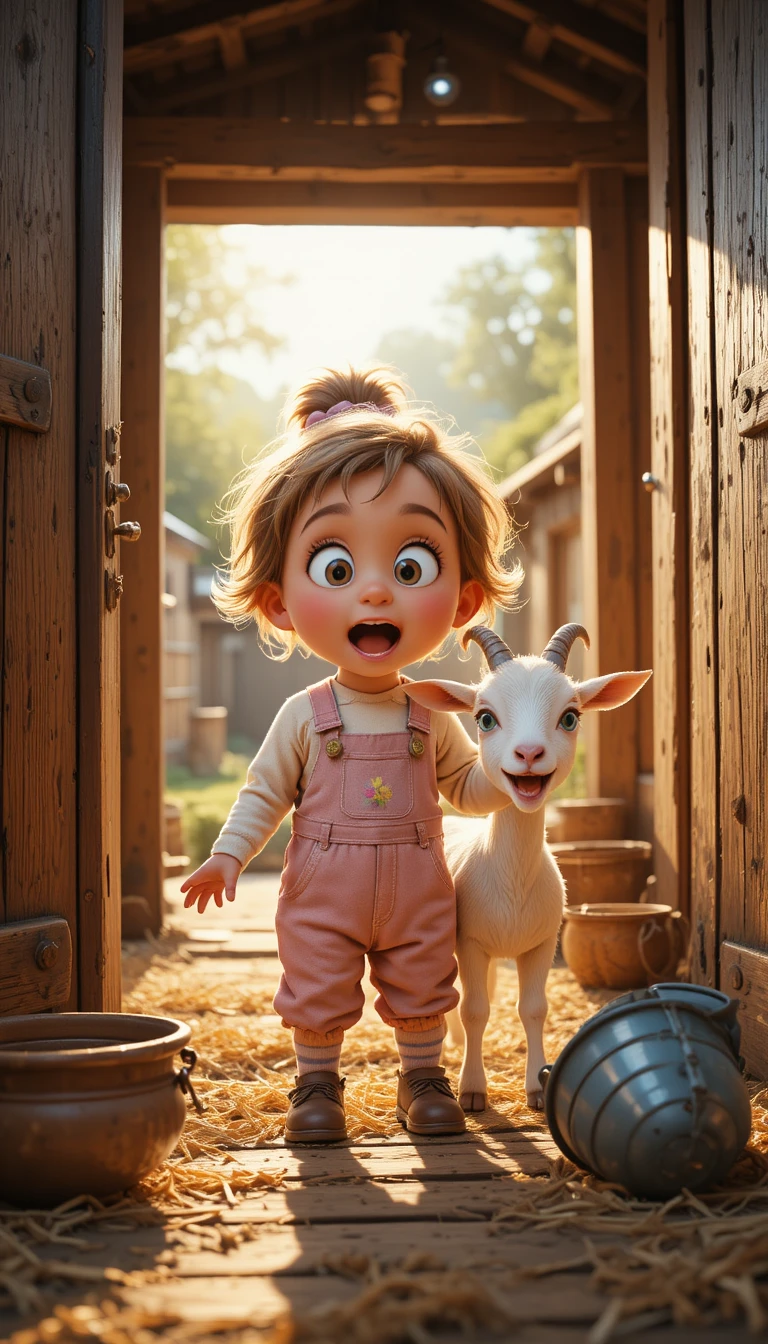 Little girl and goat surprised in a sunny barn doorway