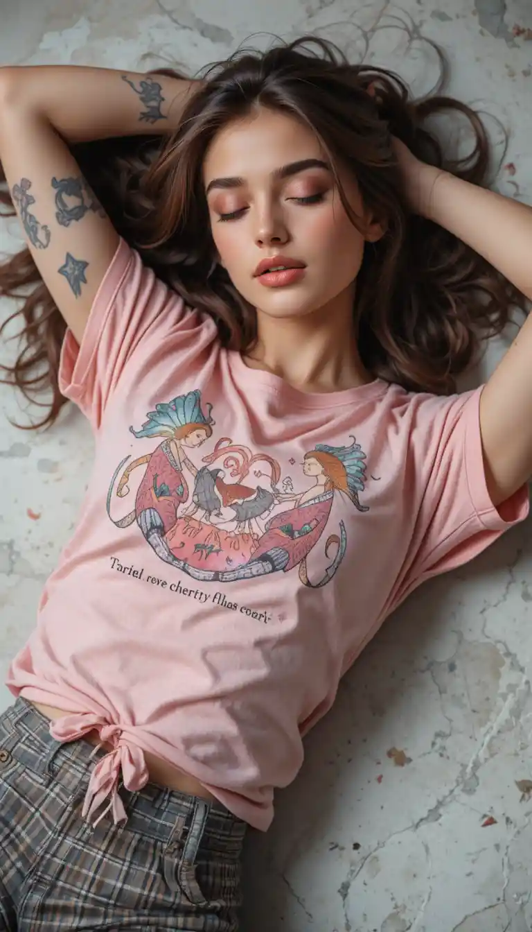 Young woman lying gracefully on the floor with tattoos