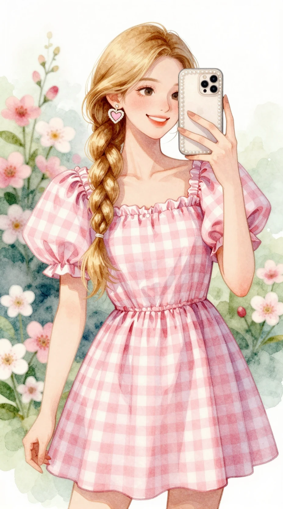 Watercolor girl mirror selfie in pink gingham dress