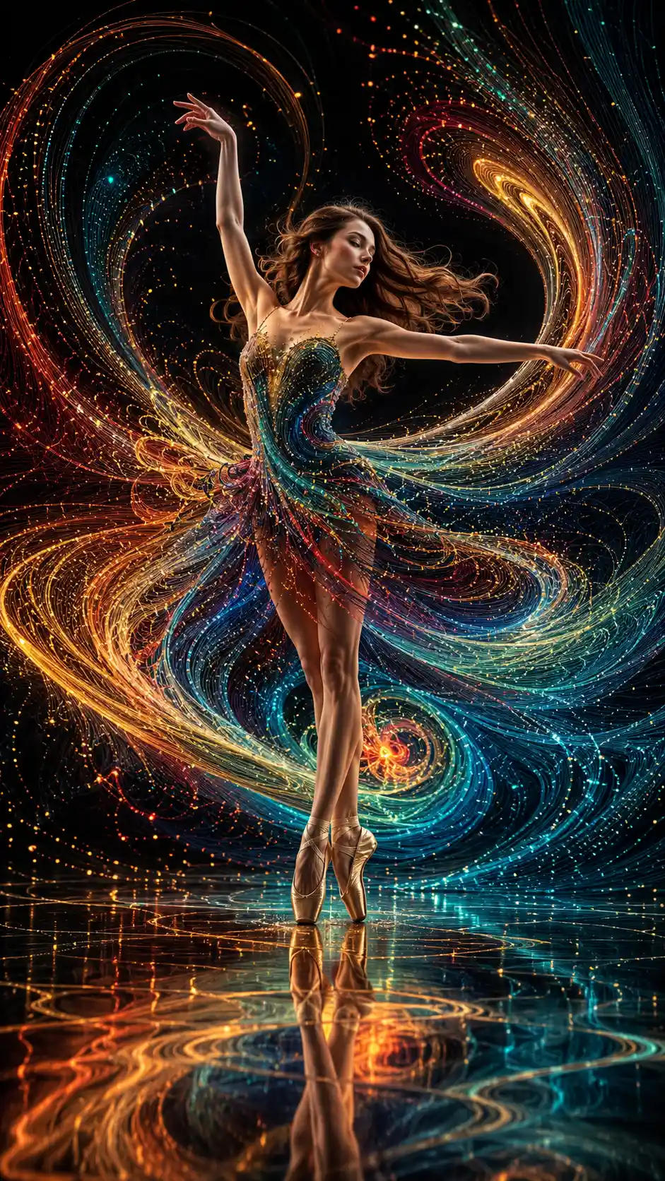 Ballerina dancing en pointe on reflective black surface