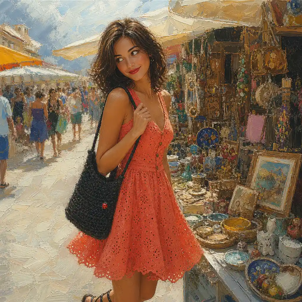 Young woman in coral dress at a summer street market