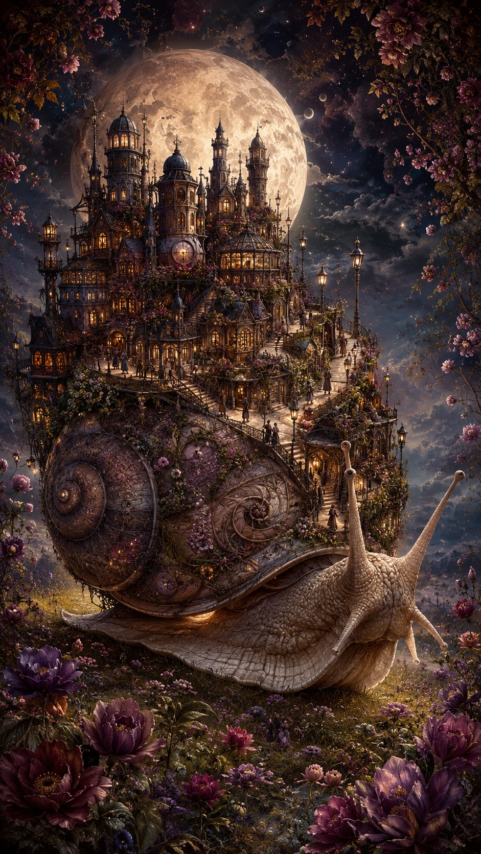 Ancient Snail Bearing A Lantern Lit Fantasy City