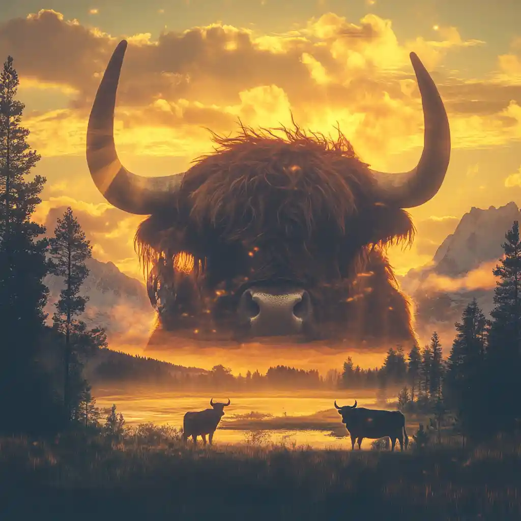 Highland cow silhouette filled with glowing mountain sunrise