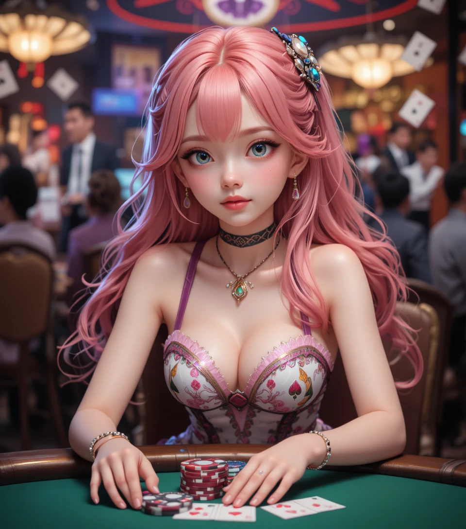 Cute anime girl playing poker in a lively casino