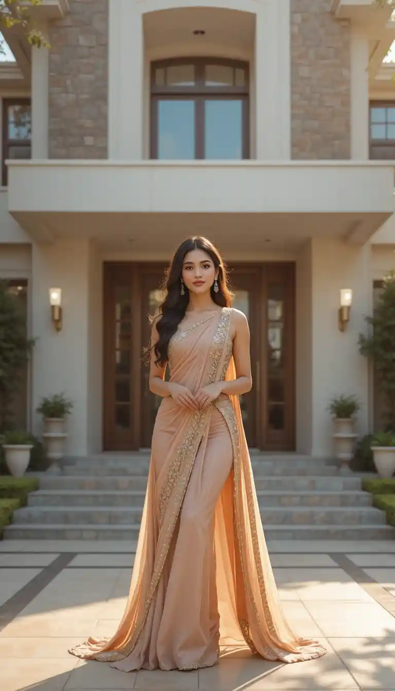 Young Indian woman posing at modern luxury house entrance