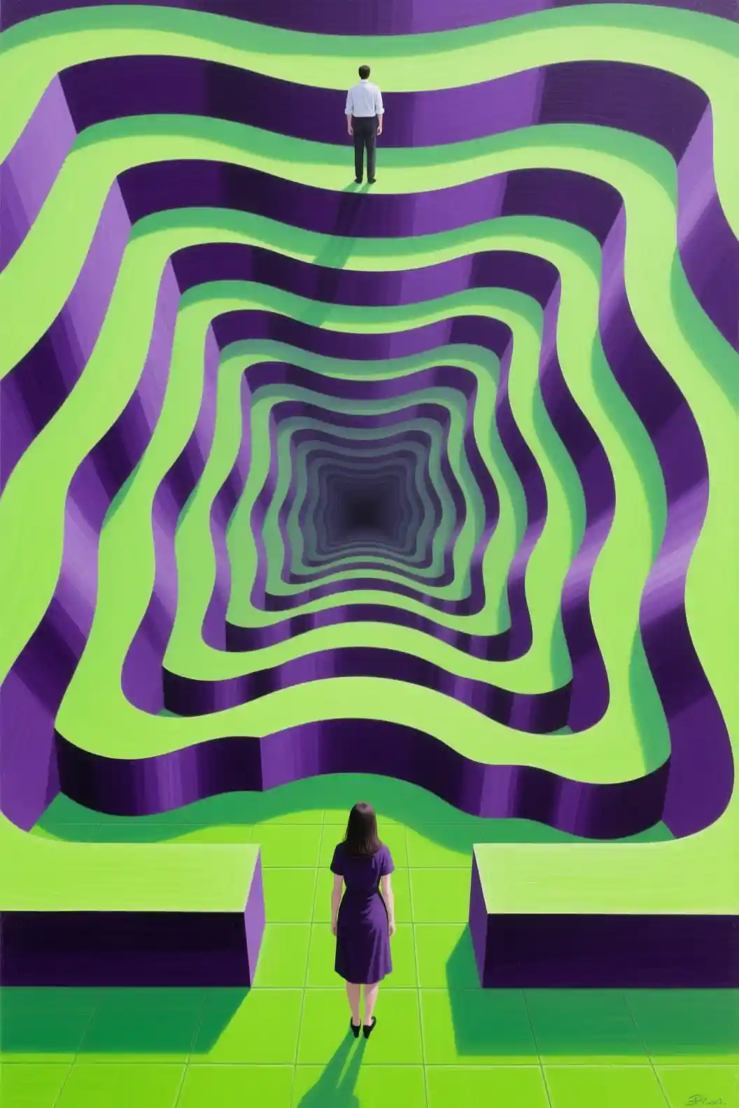 Abstract purple topographic illusion with man and woman figures