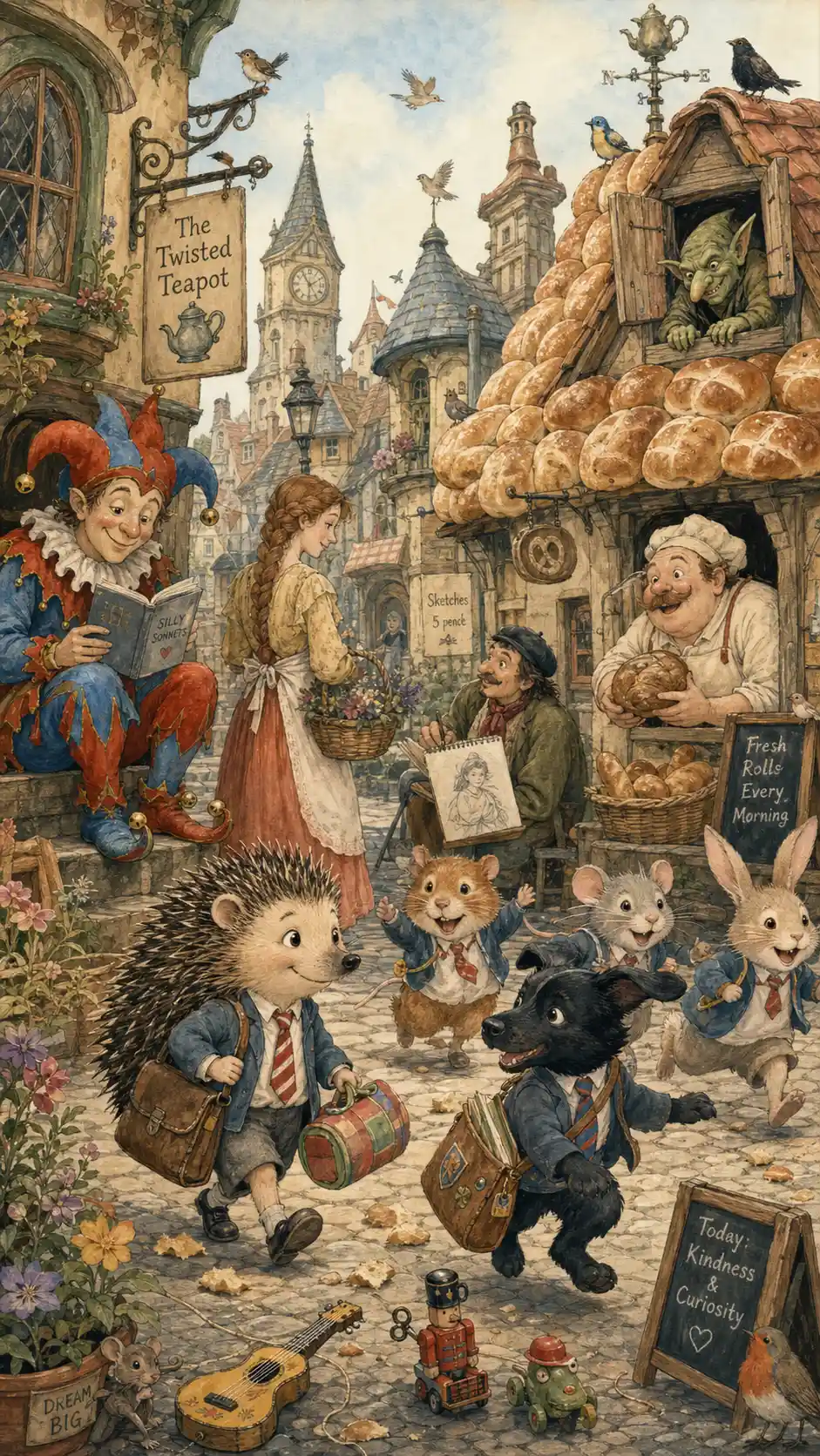 Vintage fairy tale village with playful animal children