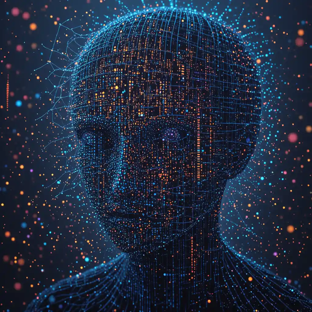 Glowing holographic head emerging from falling digital code