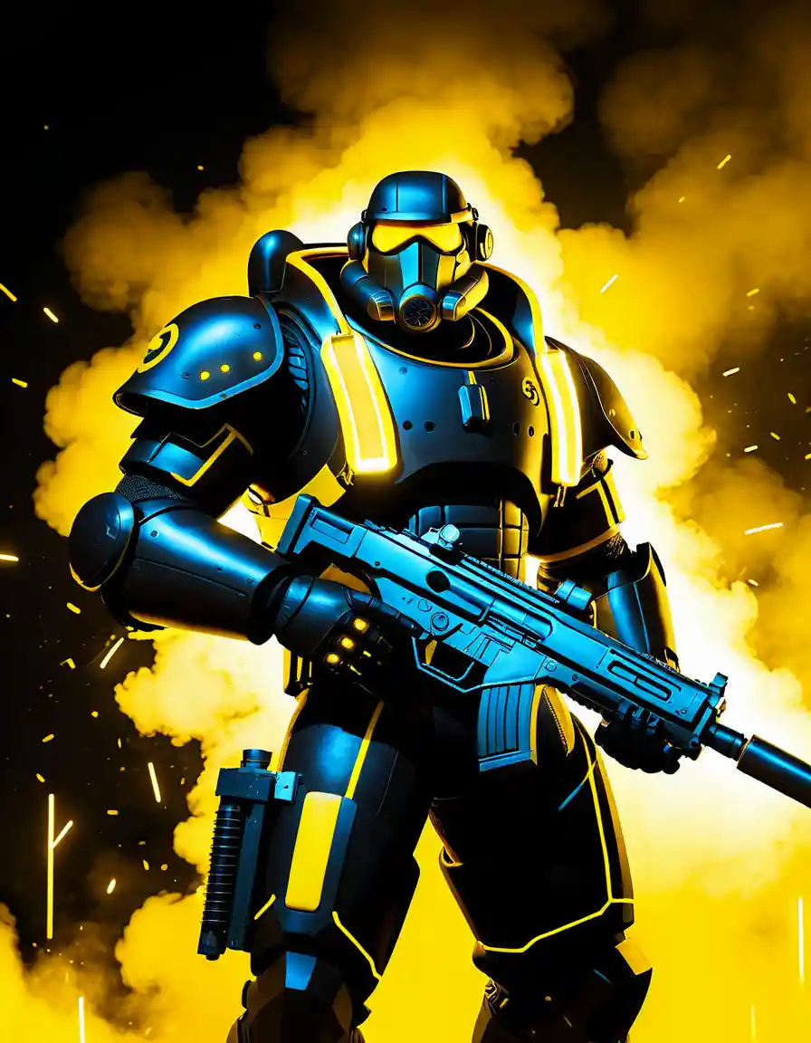 Armored sci fi soldier with neon machine gun in space