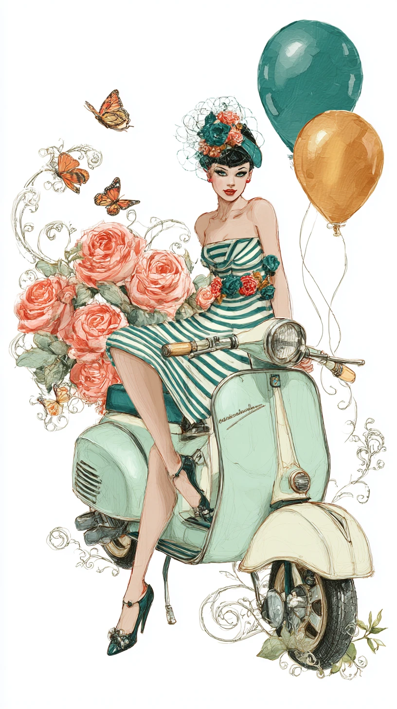 Elegant woman on vintage scooter among roses and balloons